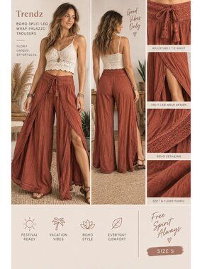 Trendz Burnt orange boho split-leg wrap festival palazzo trousers Size S Boho